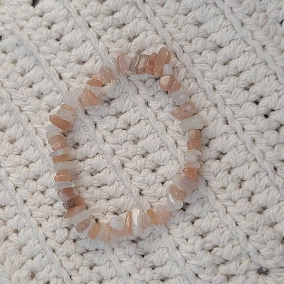 Peach Moonstone Chip Bracelet | Natural Gemstone Stretch Boho Healing Jewelry - Picture 3 of 7